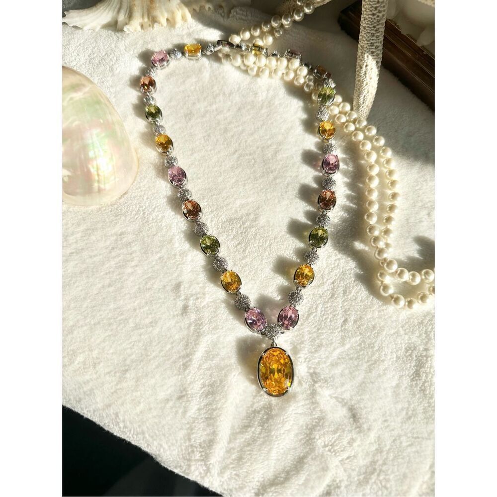 Gorgeous oval canary and multicolor cubic zirconia statement necklace  - Picture 8 of 12